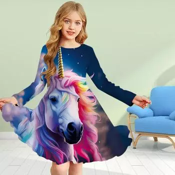 Повседневное платье для девочек с 3D-принтом и принтом «Атака робота-единорога», с круглым вырезом и длинными рукавами, детское платье принцессы 80 темно-синий