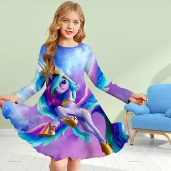 Повседневное платье для девочек с 3D-принтом, красочным граффити и единорогом, круглым вырезом и длинными рукавами, детское платье принцессы 80 фиолетовый