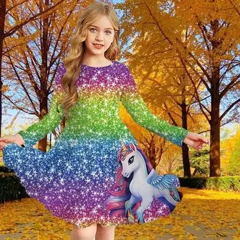 Повседневное платье для девочек с 3D-принтом, золотистым красивым единорогом, круглым вырезом и длинными рукавами, детское платье принцессы 80 золотой