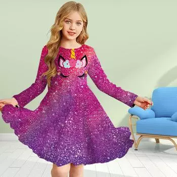 Повседневное платье для девочек с 3D-принтом, фиолетовым блестящим улыбающимся лицом, круглым вырезом и длинными рукавами, детское платье принцессы 80 фиолетовый