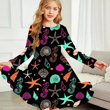 Повседневное платье для девочек с круглым вырезом и длинными рукавами, детское платье принцессы 80 темно-синий