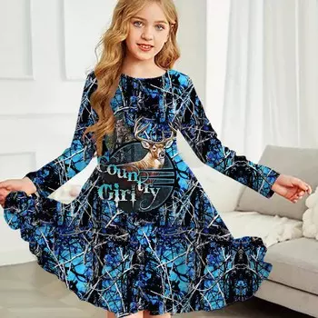 Повседневное платье для девочек с круглым вырезом и длинными рукавами с принтом оленя, детское платье принцессы 80 фиолетовый