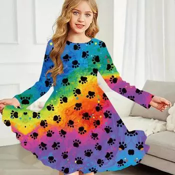 Повседневное платье для девочек с круглым вырезом и длинными рукавами с принтом собачьих когтей, детское платье принцессы 80 чёрный
