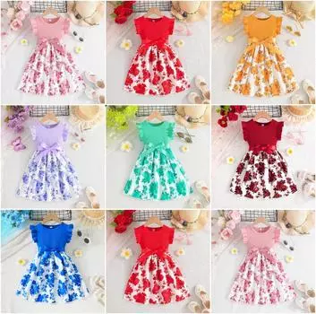 Повседневное платье для девочек с круглым вырезом, рукавами-крылышками и поясом, летнее детское модное платье с принтом 4Y