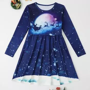 Повседневное платье для девочек с принтом 3D «Машина под лунным светом» и круглым вырезом, длинными рукавами, детское платье принцессы 140 синий