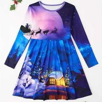 Повседневное платье для девочек с принтом 3D Snowhouse и круглым вырезом, длинными рукавами, детское платье принцессы 110 фиолетовый