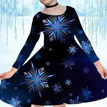 Повседневное платье для девочек с принтом в виде холодных снежинок и круглым вырезом, длинными рукавами, детское платье принцессы 80 фиолетовый