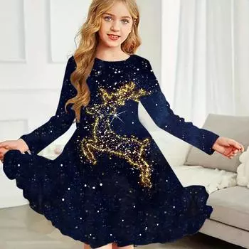 Повседневное платье для девочек с принтом золотого оленя и круглым вырезом, с длинными рукавами, детское платье принцессы 80 темно-синий