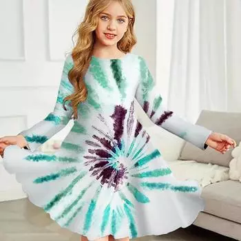 Повседневное платье для девочек с принтом тай-дай и круглым вырезом, длинными рукавами, детское платье принцессы 80 фиолетовый