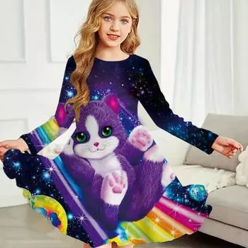 Повседневное платье для девочек с принтом панды и круглым вырезом, с длинными рукавами, детское платье принцессы 80 фиолетовый