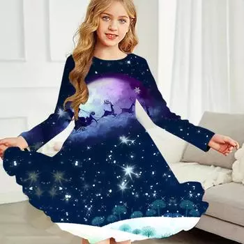 Повседневное платье для девочек с принтом Санта-Клауса и круглым вырезом, с длинными рукавами, детское платье принцессы 80 темно-синий