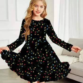 Повседневное платье для девочек с принтом разноцветных листьев и круглым вырезом, длинными рукавами, детское платье принцессы 80 фиолетовый