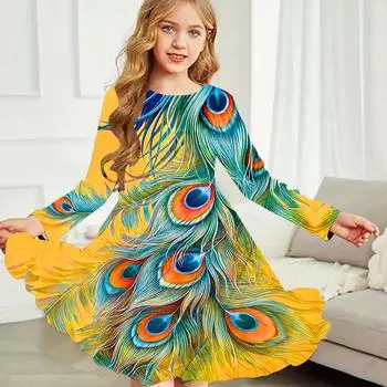Повседневное платье для девочек с принтом павлиньих перьев, круглым вырезом и длинными рукавами, детское платье принцессы 80 разноцветный