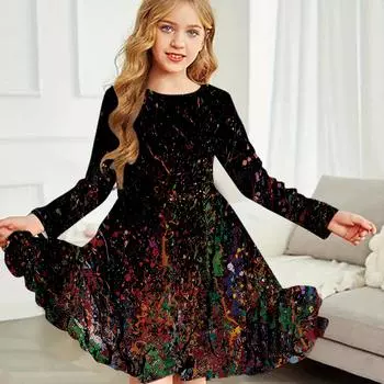 Повседневное платье для девочек с принтом Dyestuff и круглым вырезом, с длинными рукавами, детское платье принцессы 80 чёрный