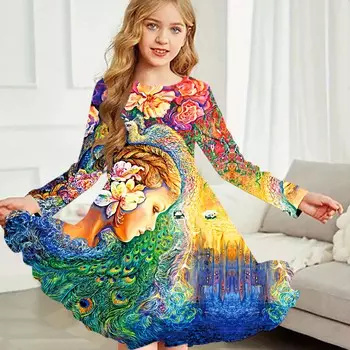 Повседневное платье для девочек с принтом мифологии и круглым вырезом, длинными рукавами, детское платье принцессы 80 фиолетовый