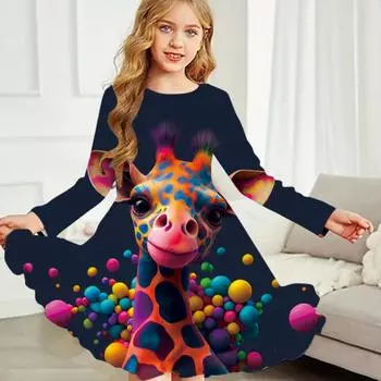 Повседневное платье для девочек с принтом жирафа и круглым вырезом, длинными рукавами, детское платье принцессы 80 чёрный