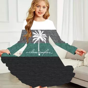 Повседневное платье для девочек с принтом кокосовой пальмы, круглым вырезом и длинными рукавами, детское платье принцессы 80 фиолетовый