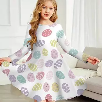 Повседневное платье для девочек с принтом кролика и круглым вырезом, с длинными рукавами, детское платье принцессы 80 белый