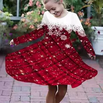 Повседневное платье для девочек с принтом 3D-красных снежинок, круглым вырезом и длинными рукавами, детское платье принцессы 80 красный