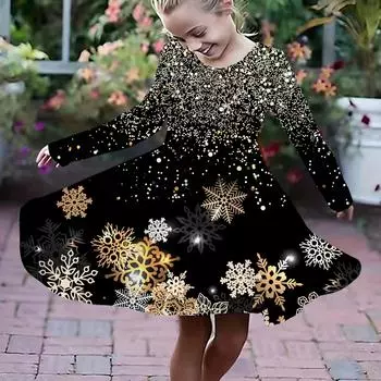 Повседневное платье для девочек с желтым принтом снежинок и круглым вырезом, длинными рукавами, детское платье принцессы 80 жёлтый