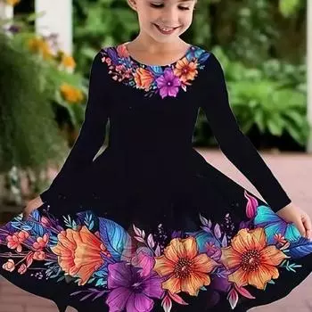 Повседневное платье для девочки с 3D-принтом, круглым вырезом и длинными рукавами, детское платье принцессы 140 чёрный