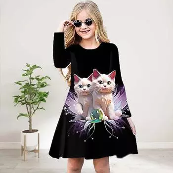 Повседневное платье для девочки с 3D-принтом «Одуванчик, кот», круглым вырезом и длинными рукавами, детское платье принцессы 80 чёрный