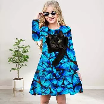 Повседневное платье для девочки с 3D-принтом, бабочкой, кошкой, круглым вырезом и длинными рукавами, детское платье принцессы 80 синий