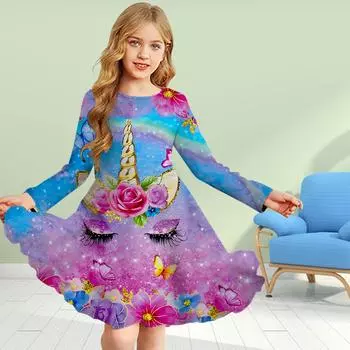 Повседневное платье для девочки с 3D-принтом «Бабочка-единорог» с круглым вырезом и длинными рукавами, детское платье принцессы 80 синий