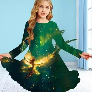 Повседневное платье для девочки с цветочным принтом и круглым вырезом, длинными рукавами, детское платье принцессы 80 фиолетовый