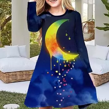 Повседневное платье для девочки с принтом 3D Melting Moon и круглым вырезом, длинными рукавами, детское платье принцессы 110 темно-синий
