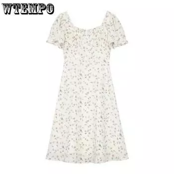 Повседневное платье Нежное платье с цветочным принтом Тонкая талия большого размера с рюшами с короткими рукавами и квадратным вырезом Длинное платье M