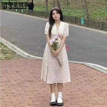 Повседневное платье Платье с кукольным воротником и пузырьковыми рукавами Милая леди Темперамент Тонкое открытое длинное платье с цветочным принтом L
