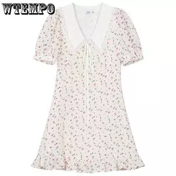 Повседневное платье Платье с кукольным воротником и объемными рукавами Милое женское темпераментное тонкое короткое платье с открытой вилкой и цветочным принтом L