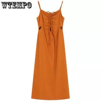 Повседневное платье Плиссированное платье на бретельках большого размера, тонкое, темпераментное, с полыми бретелями, длинное платье с открытой вилкой