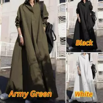 Повседневное платье-рубашка больших размеров для женщин - длинный рукав, воротник-туника на пуговицах, свободный крой, удобный S белый