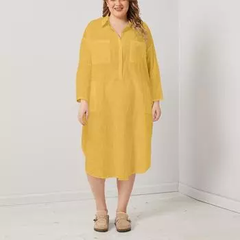 Повседневное платье-рубашка из хлопка и льна плюс с отложным воротником и длинными рукавами FZH L тёмно-синий