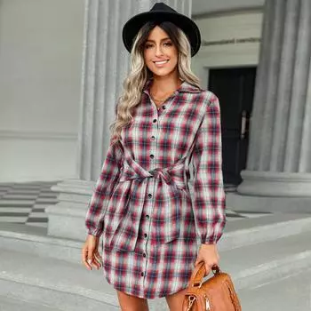 Повседневное платье-рубашка Осенние женские платья макси с длинным рукавом Laides с отложным воротником Офисные платья S красный