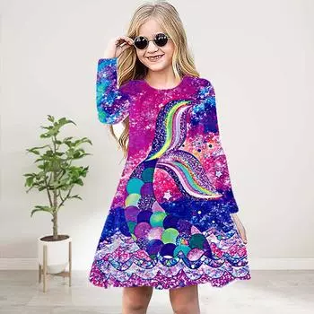 Повседневное платье-русалка с 3D-принтом для девочек, круглое платье с длинными рукавами, детское платье принцессы 80 фиолетовый