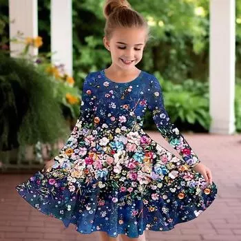 Повседневное платье с 3D красивыми цветущими цветами для девочек, детское платье принцессы с круглым вырезом и длинными рукавами 110 синий