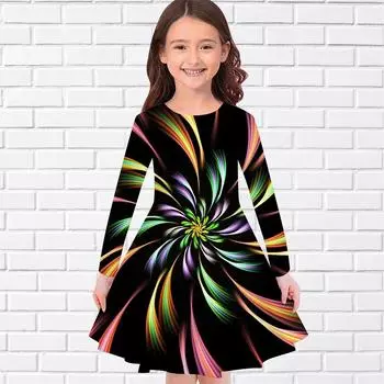 Повседневное платье с 3D красочными и ослепительными фейерверками для девочек, платье с круглым вырезом и длинными рукавами, детское платье принцессы 110 зелёный