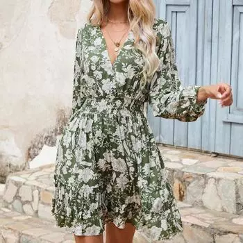 Повседневное платье с эластичной резинкой на талии и цветочным принтом, летнее зеленое свободное короткое платье с v-образным вырезом, женские милые сексуальные платья с длинным рукавом, халат 25397 S зелёный