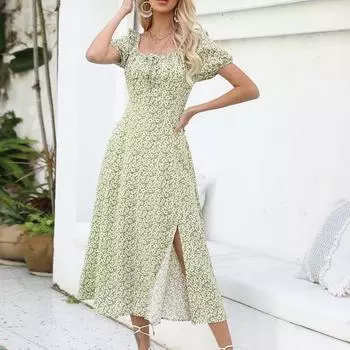 Повседневное платье с цветочным принтом и высокой талией, летнее сексуальное платье А-силуэта с коротким рукавом и разрезом, вечернее платье для женщин 2023 года, модные платья 25280 S светло-зеленый