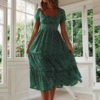Повседневное платье с квадратным вырезом, французское пышное платье с короткими рукавами и принтом в горошек, женское летнее платье трапециевидной формы с тонкой талией, зеленое платье, длинный халат 24940 S зелёный