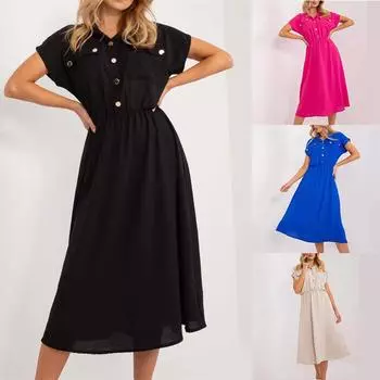 Повседневное платье с пуговицами, юбка-миди, женская одежда, однотонная, с короткими рукавами S чёрный