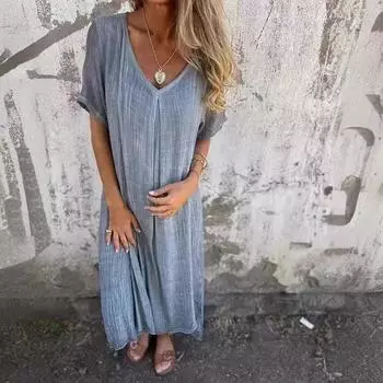 Повседневное платье свободного кроя с короткими рукавами и V-образным вырезом из хлопка и льна, однотонное S розы красного