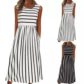 Повседневное платье в полоску с принтом без рукавов и круглым вырезом L чёрный