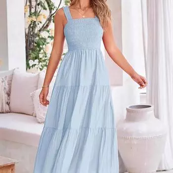 Повседневное платье в стиле бохо без рукавов без бретелек длинная юбка плиссированное многослойное летнее платье S синий