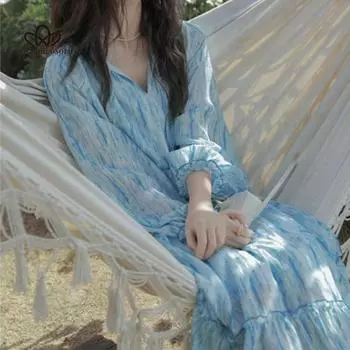 Повседневное пляжное платье с принтом пятен, синее платье с круглым вырезом, нежное весеннее модное платье для девочек S синий