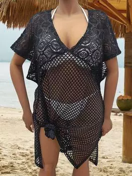 Повседневное плюс размер, свободная блузка-бикини с V-образным вырезом, женская летняя дизайнерская кружевная натуральная лоскутная купальная одежда, женское винтажное шикарное ажурное платье с коротким рукавом L чёрный