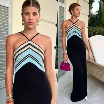 Повседневное полосатое вязаное платье без рукавов с подтяжками на бедрах, женское модное платье в праздничном стиле S чёрный